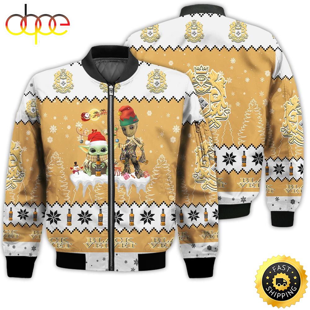 Baby Yoda Groot Santa Claus Deer Unisex Gift Black Velvet Whiskey 3D Bomber Jacket