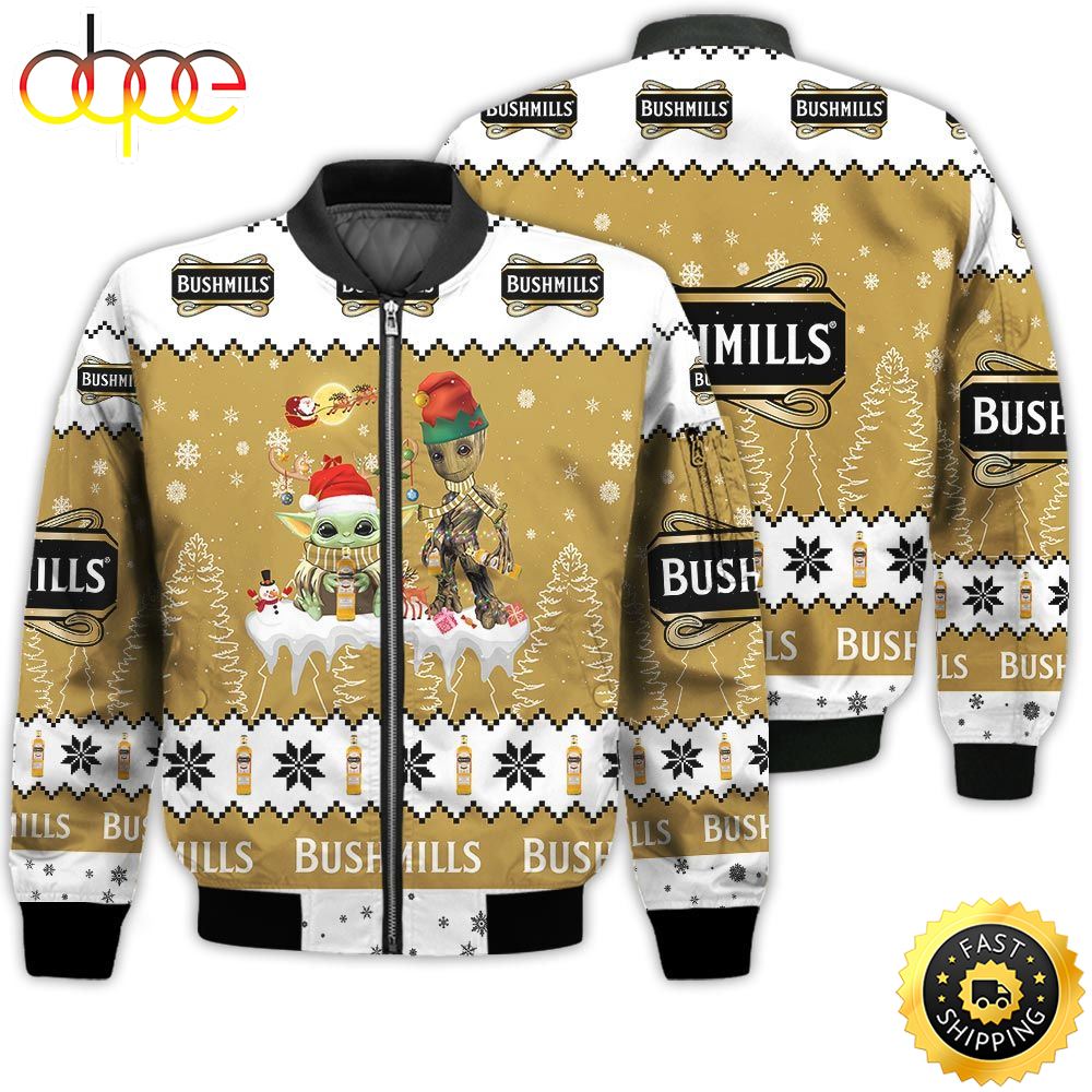 Baby Yoda Groot Santa Claus Deer Unisex Gift Bushmills Irish Whiskey 3D Bomber Jacket