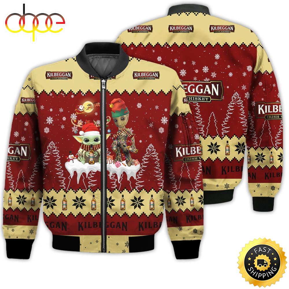 Baby Yoda Groot Santa Claus Deer Unisex Gift Kilbeggan Whiskey 3D Bomber Jacket