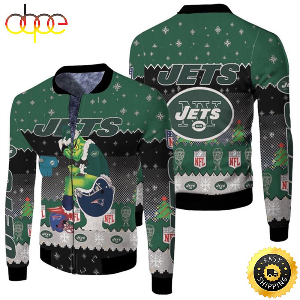 Santa Grinch New York Jets Sitting on Patriots Dolphins Bills Toilet Christmas Gift For Jets Fans Fleece Bomber Jacket