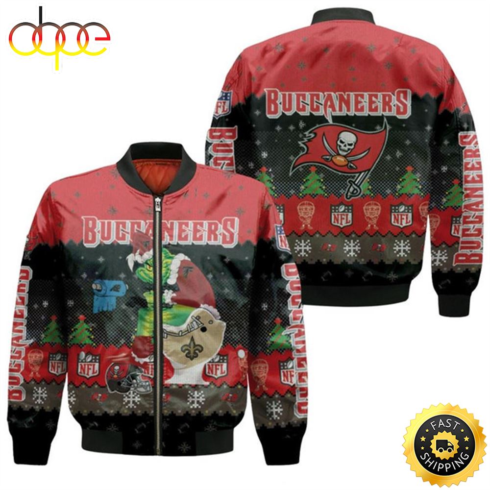 Santa Grinch Tampa Bay Buccaneers Sitting on Saints Panthers Buccaneers Toilet Christmas Gift For Buccaneers Fans Bomber Jacket