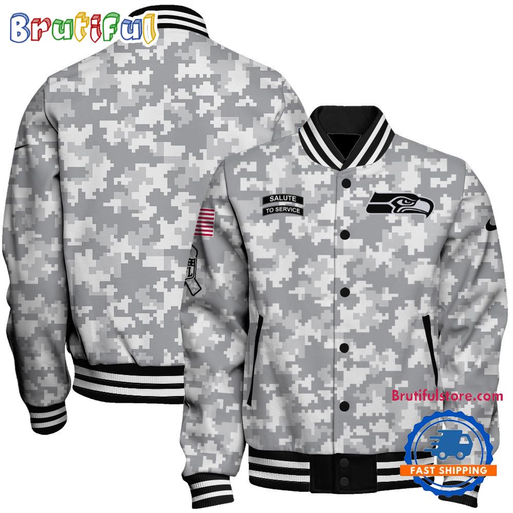 Seattle Seahawks National Football League Arctic Camo Salute To Service Veterans Varsity Jacket